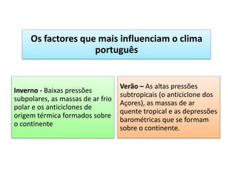 Os factores que mais influenciam o clima
português
Inverno - Baixas pressões
subpolares, as massas de ar frio
polar e os anticiclones de
origem térmica formados sobre
o continente
Verão – As altas pressões
subtropicais (o anticiclone dos
Açores), as massas de ar
quente tropical e as depressões
barométricas que se formam
sobre o continente.
 