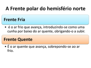A Frente polar do hemisfério norte
Frente Fria
• é o ar frio que avança, introduzindo-se como uma
cunha por baixo do ar quente, obrigando-o a subir.
Frente Quente
• É o ar quente que avança, sobrepondo-se ao ar
frio.
 