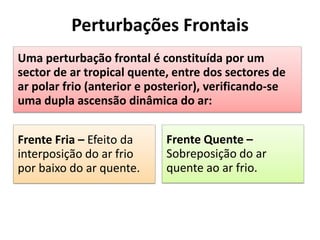 Perturbações Frontais
Uma perturbação frontal é constituída por um
sector de ar tropical quente, entre dos sectores de
ar polar frio (anterior e posterior), verificando-se
uma dupla ascensão dinâmica do ar:
Frente Fria – Efeito da
interposição do ar frio
por baixo do ar quente.
Frente Quente –
Sobreposição do ar
quente ao ar frio.
 