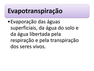 Evapotranspiração
•Evaporação das águas
superficiais, da água do solo e
da água libertada pela
respiração e pela transpiração
dos seres vivos.
 