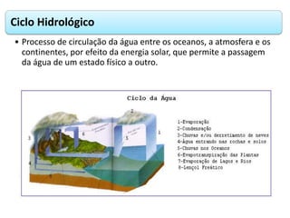 Ciclo Hidrológico
• Processo de circulação da água entre os oceanos, a atmosfera e os
continentes, por efeito da energia s...