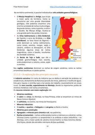 Filipe Reduto Gaspar https://resumosdesecundario.blogspot.com
12
No território continental, é possível individualizar três unidades geomorfológicas:
• O Maciço Hespérico ou Antigo, que ocupa
a maior parte do território. Como se
caracteriza por uma grande diversidade
geológica, nele podemos encontrar uma
enorme variedade de rochas muito antigas,
de grande dureza, como o granito, o xisto e
o basalto. No Maciço Antigo, localiza-se
uma grande parte das jazidas minerais;
• As Orlas Sedimentares (a Orla Ocidental,
de Espinho à serra da Arrábida, e a Orla
Meridional, na faixa litoral do Algarve) –
onde dominam as rochas sedimentares,
como areais, arenitos, margas, argila e
calcário, embora se destaquem, na Orla
Ocidental, algumas áreas de rochas
magmáticas, como o basalto, resultantes
da atividade vulcânica;
• As Bacias do Tejo e Sado, que são a
unidade geomorfológica mais recente,
onde predominam o calcário, areias, argila
e arenitos.
Nas regiões autónomas dominam as rochas de origem vulcânica, como as rochas
ornamentais basálticas e a pedra-pomes.
2.1.1.2 – A exploração dos principais recursos
A indústria extrativa é o ramo da indústria que se dedica à extração de produtos no
estado bruto, diretamente da Natureza (através de minas, pedreiras e recolha de água).
Esta gera riqueza e contribui para criar postos de trabalho, essencialmente em áreas
rurais. Ela tem crescido, especialmente no Alentejo, devido às importantes jazidas de
minérios metálicos e de rochas ornamentais.
Os recursos minerais com maior exploração são:
• Minérios metálicos:
• O cobre e o zinco, no Alentejo, na Faixa Piritosa, onde se encontram as minas de
Neves-Corvo e Aljustrel;
• O volfrâmio, no Centro, nas minas da Panasqueira.
• Minerais industriais:
• O caulino, o quartzo, o feldspato e o sal-gema no Norte e Centro.
• Minérios para construção:
• Agregados e minerais para cimento e cal, nas pedreiras;
• Rochas ornamentais – rochas carbonatadas (como o mármore e o calcário), rochas
siliciosas (como o granito e a serpentinite) e as ardósias e xistos ardosíferos – no
Alentejo, com a maior jazida de calcário microcristalino na faixa Estremoz-Borba-
Vila Viçosa, donde são extraídos mármores de boa qualidade.
 