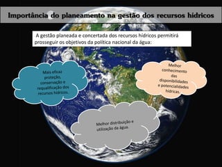 Importância do planeamento na gestão dos recursos hídricos
A gestão planeada e concertada dos recursos hídricos permitirá
prosseguir os objetivos da política nacional da água:
 