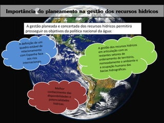 Importância do planeamento na gestão dos recursos hídricos
A gestão planeada e concertada dos recursos hídricos permitirá
prosseguir os objetivos da política nacional da água:
 