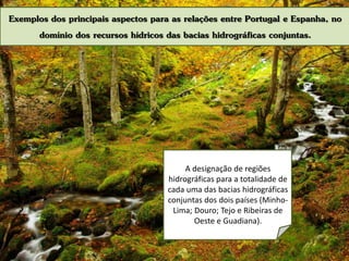 Exemplos dos principais aspectos para as relações entre Portugal e Espanha, no
domínio dos recursos hídricos das bacias hidrográficas conjuntas.
A designação de regiões
hidrográficas para a totalidade de
cada uma das bacias hidrográficas
conjuntas dos dois países (Minho-
Lima; Douro; Tejo e Ribeiras de
Oeste e Guadiana).
 