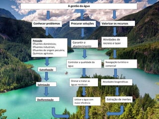 A gestão da água
Conhecer problemas Procurar soluções Valorizar os recursos
Poluição
Efluentes domésticos;
Efluentes industriais;
Efluentes de origem pecuária;
Químicos agrícolas.
Garantir o
abastecimento
Atividades de
recreio e lazer
Eutrofização
Salinização
Desflorestação
Controlar a qualidade da
água
Drenar e tratar as
águas residuais
Utilizar a água com
maior eficiência
Navegação turística e
comercial
Atividades biogenéticas
Extração de inertes
 