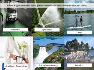 Indústria Agricultura
Lazer
Atividades Domésticas Produção de energia Pecuária
Assim, a água é utilizada numa grande variedade de atividades humanas, tais como:
 