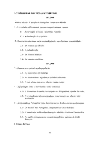 12
3. VISÃO GERAL DOS TEMAS / CONTEÚDOS
10º ANO
Módulo inicial - A posição de Portugal na Europa e no Mundo
1 - A população, utilizadora de recursos e organizadora de espaços
1.1 - A população: evolução e diferenças regionais
1.2 - A distribuição da população
2 - Os recursos naturais de que a população dispõe: usos, limites e potencialidades
2.1 - Os recursos do subsolo
2.2 - A radiação solar
2.3 - Os recursos hídricos
2.4 - Os recursos marítimos
11º ANO
3 - Os espaços organizados pelo população
3.1 - As áreas rurais em mudança
3.2 - As áreas urbanas: organização e dinâmica internas
3.3 - A rede urbana e as novas relações cidade-campo
4 - A população, como se movimenta e como comunica
4.1 - A diversidade de modos de transporte e a desigualdade espacial das redes
4.2 - A revolução das telecomunicações e o seu impacto nas relações inter-
territoriais
5 - A integração de Portugal na União Europeia: novos desafios, novas oportunidades
5.1 - Os desafios para Portugal do alargamento da União Europeia
5.2 - A valorização ambiental em Portugal e a Política Ambiental Comunitária
5.3 - As regiões portuguesas no contexto das políticas regionais da União
Europeia
# Estudo de Caso
 