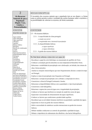 35
2
Os Recursos
Naturais de que a
População
Dispõe: Usos,
Limites e
Potencialidades
NÚCLEO CONCEPTUAL
O inventário dos recursos naturais que a população tem ao seu dispor e a forma
como os utiliza permite avaliar o resultado das acções humanas sobre o território e
as possibilidades de valorizar os recursos, de forma sustentada.
CONTEÚDOS
2.3 – Os recursos hídricos
2.3.1 - A especificidade do clima português
. a estação seca estival
. a irregularidade intra e interanual da precipitação
2.3.2 - As disponibilidades hídricas
. as águas superficiais
. as águas subterrâneas
2.3.3 - A gestão dos recursos hídricos
CONCEITOS
NOÇÕES BÁSICAS
Água residual
Água subterrânea
Água superficial
Albufeira
Aquífero
Balanço hídrico
Barragem
Barreira de condensação
Caudal
Declive
Depressão barométrica
Disponibilidade hídrica
Drenagem
Efluente
Escorrência
Eutrofização
Evapotranspiração
Infiltração
Isóbara
Massa de ar
Permeabilidade
Período seco estival
POA
Plano de ordenamento
das bacias hidrográficas
Precipitação atmosférica
Precipitação convectiva
Precipitação frontal
Precipitação orográfica
Produtividade aquífera
Situação meteorológica
Superfície frontal polar
Recurso hídrico
Rede hidrográfica
Regime de um rio
Salinização
Toalha cársica
Toalha freática
No final deste subtema o aluno deve ser capaz de:
. Reconhecer o papel do ciclo hidrológico na manutenção do equilíbrio da Terra;
. Conhecer a circulação geral da atmosfera na zona temperada do Hemisfério Norte;
. Relacionar a variabilidade da precipitação com a deslocação, em latitude, das cinturas de
altas e baixas pressões;
. Analisar as situações meteorológicas que mais frequentemente afectam o estado de tempo
em Portugal;
. Explicar os tipos de precipitação mais frequentes em Portugal;
. Relacionar a variação da precipitação com a altitude e a disposição do relevo;
. Caracterizar o clima de Portugal Continental e Insular;
. Relacionar as disponibilidades hídricas com a quantidade e o tipo de precipitação;
. Caracterizar a rede hidrográfica;
. Relacionar o regime dos cursos de água com a irregularidade da precipitação;
. Conhecer os factores que interferem na variação de caudal dos cursos de água;
. Equacionar a necessidade de armazenamento das águas superficiais;
. Conhecer os factores que condicionam a produtividade aquífera;
. Reconhecer que as actividades humanas interferem na quantidade e qualidade das águas;
. Equacionar os riscos na gestão dos recursos hídricos;
. Inferir a necessidade de estabelecer acordos internacionais na gestão dos recursos
hídricos;
. Debater medidas conducentes ao controlo da quantidade e qualidade da água;
. Debater a importância do ordenamento das albufeiras e das bacias hidrográficas.
 