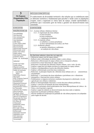 45
3
Os Espaços
Organizados Pela
População
NÚCLEO CONCEPTUAL
O conhecimento da diversidade territorial e das relações que se estabelecem entre
os diferentes territórios é fundamental para perceber o modo como as populações
ocupam, usam e organizam os vários tipos de espaço, criando oportunidades e
problemas que é necessário gerir de forma a garantir um desenvolvimento mais
sustentado.
CONTEÚDOS
3.2 – As áreas urbanas: dinâmicas internas
3.2.1 - A organização das áreas urbanas
. as áreas terciárias
. as áreas residenciais
. a implantação da indústria
3.2.2 - A expansão urbana
. os subúrbios e as áreas periurbanas
. as áreas metropolitanas de Lisboa e do Porto
3.2.3 - Problemas urbanos
. as questões urbanísticas e ambientais
. as condições de vida urbana
CONCEITOS
NOÇÕES BÁSICAS
Acessibilidade
Área funcional
Área metropolitana
Área periurbana
Área suburbana
CBD/ Baixa
Centro urbano/cidade
Descentralização
Desconcentração
Diferenciação funcional
Diferenciação social
Espaço intra-urbano
Espaço urbano
Especulação fundiária
Expansão urbana
Factor de localização
industrial
Função rara/vulgar
Função urbana
Migração pendular
Ordenamento territorial
Padrão de localização
. concentrado
. difuso
PDM (Plano Director
Municipal)
PER ( Programa Especial
de Realojamento)
Periurbanização
Planeamento territorial
POLIS (Programa de
Requalificação Urbana e
de Valorização
Ambiental das Cidades)
Pólo de atracção
População urbana
PP ( Plano de Pormenor)
PRAUD ( Programa de
Recuperação das Áreas
Urbanas Degradadas)
PU (Plano de
Urbanização)
Reabilitação urbana
Renda locativa
Renovação urbana
Requalificação urbana
Rurbanização
Segregação funcional
Segregação social
Solo expectante
Suburbanização
Terciarização
No final deste subtema o aluno deve ser capaz de:
. Diferenciar espaço rural de espaço urbano;
. Reflectir sobre a dificuldade em definir cidade e centro urbano;
. Relacionar a diferenciação do espaço urbano com os transportes urbanos;
. Caracterizar as áreas funcionais do espaço urbano;
. Relacionar a localização das diferentes funções urbanas com o valor do solo;
. Explicar o papel das actividades terciárias na organização do espaço urbano;
. Explicar a interdependência locativa das diferentes funções;
. Explicar a diferenciação social das áreas residenciais;
. Relacionar as principais funções das diferentes áreas urbanas com as características
da população;
. Relacionar o crescimento das áreas suburbanas e periurbanas com o dinamismo
demográfico e funcional dos centros urbanos;
. Problematizar os impactos territoriais resultantes da progressiva substituição do solo
agrícola por usos urbanos e industriais;
. Referir as heterogeneidades funcionais e sociais das áreas urbanas periféricas;
. Explicar o processo de formação das áreas metropolitanas;
. Identificar os principais efeitos polarizadores das Áreas Metropolitanas de Lisboa e do
Porto, a nível nacional e regional;
. Explicar o papel da indústria no desenvolvimento das áreas onde se implanta;
. Equacionar os principais problemas urbanos;
. Discutir medidas de recuperação da qualidade de vida urbana propostas e/ou adoptadas
pelos órgãos de decisão.
 