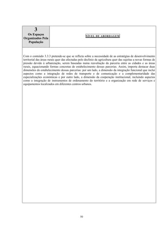 50
3
Os Espaços
Organizados Pela
População
NÍVEL DE ABORDAGEM
Com o conteúdo 3.3.3 pretende-se que se reflicta sobre a necessidade de as estratégias de desenvolvimento
territorial das áreas rurais quer das afectadas pelo declínio da agricultura quer das sujeitas a novas formas de
pressão devido à urbanização, serem baseadas numa reavaliação da parceria entre as cidades e as áreas
rurais, equacionando formas concretas de estabelecimento dessas parcerias. Assim, importa destacar duas
dimensões do estabelecimento dessas parcerias: por um lado, a dimensão da integração funcional que inclui
aspectos como a integração de redes de transporte e de comunicação e a complementaridade das
especializações económicas e por outro lado, a dimensão da cooperação institucional, incluindo aspectos
como a integração de instrumentos de ordenamento do território e a organização em rede de serviços e
equipamentos localizados em diferentes centros urbanos.
 