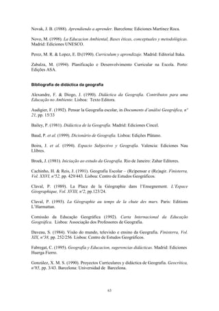 63
Novak, J. B. (1988). Aprendiendo a aprender. Barcelona: Ediciones Martínez Roca.
Novo, M. (1998). La Educacion Ambiental, Bases éticas, conceptuales y metodológicas.
Madrid: Ediciones UNESCO.
Perez, M. R. & Lopez, E. D.(1990). Curriculum y aprendizaje. Madrid: Editorial Itaka.
Zabalza, M. (1994). Planificação e Desenvolvimento Curricular na Escola. Porto:
Edições ASA.
Bibliografia de didáctica da geografia
Alexandre, F. & Diogo, J. (1990). Didáctica da Geografia. Contributos para uma
Educação no Ambiente. Lisboa: Texto Editora.
Audigier, F. (1992). Pensar la Geografia escolar, in Documents d’análisi Geogràfica, nº
21, pp. 15/33
Bailey, P. (1981). Didáctica de la Geografía. Madrid: Ediciones Cincel.
Baud, P. et al. (1999). Dicionário de Geografia. Lisboa: Edições Plátano.
Boira, J. et al. (1994). Espacio Subjectivo y Geografía. Valencia: Ediciones Nau
Llibres.
Broek, J. (1981). Iniciação ao estudo da Geografia. Rio de Janeiro: Zahar Editores.
Cachinho, H. & Reis, J. (1991). Geografia Escolar – (Re)pensar e (Re)agir. Finisterra,
Vol. XXVI, nº52, pp. 429/443. Lisboa: Centro de Estudos Geográficos.
Claval, P. (1989). La Place de la Géographie dans l’Ensegnement. L’Espace
Géographique, Vol. XVIII, nº2, pp.123/24.
Claval, P. (1993). La Géographie au temps de la chute des murs. Paris: Editions
L’Harmattan.
Comissão da Educação Geográfica (1992). Carta Internacional da Educação
Geográfica. Lisboa: Associação dos Professores de Geografia.
Daveau, S. (1984). Visão do mundo, televisão e ensino da Geografia. Finisterra, Vol.
XIX, nº38, pp. 252/256. Lisboa: Centro de Estudos Geográficos.
Fabregat, C. (1995). Geografía y Educacion, sugerencias didácticas. Madrid: Ediciones
Huerga Fierro.
González, X. M. S. (1990). Proyectos Curriculares y didáctica de Geografia. Geocrítica,
nº85, pp. 3/43. Barcelona: Universidad de Barcelona.
 