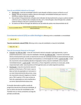 Taxa de mortalidade infantil em Portugal:
 Distribuição: a taxa de mortalidade infantil e mais elevada no Norte e menor no litoral e no sul
 Causas: falta de assistência médica; falta de informação; mentalidade fechada para recorrer a
assistência medica; falta de vacinação
 Esta variável é frequentemente utilizada como indicador de desenvolvimento, já que os valores tendem
a diminuir com a melhoria das condições de vida, com a intensificação e diversificação dos cuidados
materno-infantis e até com o aumento da instrução
 Os valores da TMI em Portugal são idênticos aos da média dos países mais desenvolvidos da UE
Crescimento natural (CN) ou saldo fisiológico: diferença entre a natalidade e a mortalidade
Taxa de crescimento natural (TCN): diferença entre a taxa de natalidade e a taxa de mortalidade
Taxa de Crescimento Natural em Portugal:
 Evolução: de 1950 ate 1960 - a taxa de crescimento natural e elevada e sobe ligeiramente, o país e
predominantemente rural e a taxa de natalidade e elevada; de 1960 até 1991 - a taxa de crescimento
diminui drasticamente pois existe um decréscimo da taxa de natalidade devido ao desenvolvimento do país,
ao planeamento familiar, aos métodos contraceptivos e a emancipação da mulher; a partir de 1991 - a taxa
de crescimento natural estabiliza (devido à imigração) e tanto a taxa de natalidade como a taxa de
mortalidade baixam; a partir de 00 - nesta altura, o fluxo imigratório aumentou no nosso país, sendo
responsável pelo saldo natural positivo em Portugal (tal como um saldo migratório positivo).
 Distribuição: a taxa de crescimento natural é
positiva no litoral pois a TN é maior o que se
deve ao facto da população ser mais jovem e
ao maior desenvolvimento dessa área; a taxa
de crescimento natural é negativa no interior
pois a TM é superior à TN o que se deve ao
facto de a população ser mais envelhecida e
ao menor desenvolvimento dessa área.
A situação observada no gráfico resulta do
progressivo decréscimo da taxa de natalidade, já
que os valores da taxa de mortalidade se têm
mantido mais ou menos constantes ao longo do
período considerado.
 