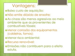 	Vantagens:Baixo custo de aquisição;Não emite dióxido de enxofre;As cinzas são menos agressivas ao meio ambiente que as provenientes de combustíveis fósseis;Menor corrosão dos equipamentos (caldeiras, fornos);Menor risco ambiental;Recurso renovável;Emissões não contribuem para o efeito estufa.