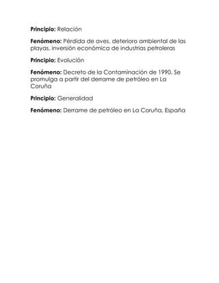 Principio: Relación

Fenómeno: Pérdida de aves, deterioro ambiental de las
playas, inversión económica de industrias petroleras

Principio: Evolución

Fenómeno: Decreto de la Contaminación de 1990. Se
promulga a partir del derrame de petróleo en La
Coruña

Principio: Generalidad

Fenómeno: Derrame de petróleo en La Coruña, España
 