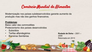 Comércio Mundial de Alimentos
Modernização nos países subdesenvolvidos garante aumento da
produção mas não dos ganhos financeiros.
Problemas:
Baixo valor das commodities
Protecionismo dos países desenvolvidos
• Subsídios
• Tarifas alfandegários
• Barreiras Sanitárias
Rodada de Doha – 2001 –
2009
Retomada em 2013
 