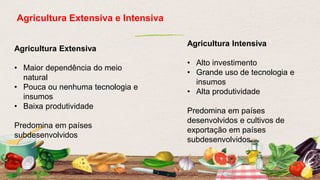 Agricultura Extensiva e Intensiva
Agricultura Extensiva
• Maior dependência do meio
natural
• Pouca ou nenhuma tecnologia e
insumos
• Baixa produtividade
Predomina em países
subdesenvolvidos
Agricultura Intensiva
• Alto investimento
• Grande uso de tecnologia e
insumos
• Alta produtividade
Predomina em países
desenvolvidos e cultivos de
exportação em países
subdesenvolvidos.
 
