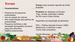 • Características:
• Predomínio de pequenas
propriedades
• Uso da rotação de culturas
• Alta modernização para ganhos de
produtividade
• Pequenos territórios e alta
densidade demográfica encarece
preço dos alimentos
• Política protecionistas
Europa França maior produtor agrícola da União
Europeia
Produtos em destaque na Europa:
Trigo, cevada, beterraba e batata.
No Sul uvas e frutas cítricas
Dependem da importação de alimentos
PAC – Política Agrícola Comum (1962)
Modernizar e incentivar o setor
Tornar mais competitivo
Acordo Mercosul – União Europeia
 