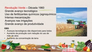 Revolução Verde – Década 1960
Grande avanço tecnológico
Uso de fertilizantes químicos (agroquímicos)
Intensa mecanização
Avanços nas irrigações
Grande avanço de produtividade
OBS:
• Avanços tecnológicos não disponíveis para todos
• Aumento da produção com redução do uso de
mão de obra
• Aumento da concentração de terra
 