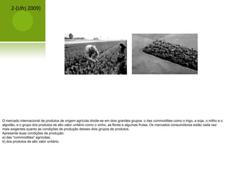 2-(Ufrj 2009)
O mercado internacional de produtos de origem agrícola divide-se em dois grandes grupos: o das commodities como o trigo, a soja, o milho e o
algodão, e o grupo dos produtos de alto valor unitário como o vinho, as flores e algumas frutas. Os mercados consumidores estão cada vez
mais exigentes quanto às condições de produção desses dois grupos de produtos.
Apresente duas condições de produção:
a) das "commodities" agrícolas;
b) dos produtos de alto valor unitário.
 