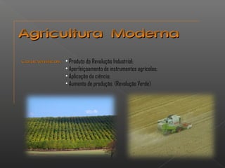 AAggrriiccuullttuurraa MMooddeerrnnaa 
CCaarraacctteerrííssttiiccaass:: • Produto da Revolução Industrial; 
• Aperfeiçoamento de instrumentos agrícolas; 
• Aplicação da ciência; 
• Aumento de produção. (Revolução Verde) 
 