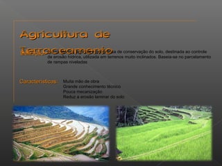 AAggrriiccuullttuurraa ddee 
TTeerrrraacceeaammeennttoo DDeeffiinniiççããoo:: 
é uma técnica agrícola e geográfica de conservação do solo, destinada ao controle 
de erosão hídrica, utilizada em terrenos muito inclinados. Baseia-se no parcelamento 
de rampas niveladas 
CCaarraacctteerrííssttiiccaass:: 
Muita mão de obra 
Grande conhecimento técnico 
Pouca mecanização 
Reduz a erosão laminar do solo 
 