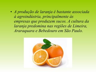 • A produção de laranja é bastante associada 
à agroindústria, principalmente às 
empresas que produzem sucos. A cultura da 
laranja predomina nas regiões de Limeira, 
Araraquara e Bebedouro em São Paulo. 
 