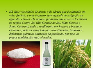 • Há duas variedades de arroz: o de várzea que é cultivado em 
vales fluviais, e o de sequeiro, que depende de irrigação ou 
água das chuvas. Os maiores produtores de arroz se localizam 
na região Centro-Sul (Rio Grande do Sul, Mato Grosso e 
Santa Catarina) onde o rendimento por hectare é bastante 
elevado e pode ser associado aos investimentos, insumos e 
defensivos químicos utilizados na produção, por isso, os 
preços também são mais elevados. 
 