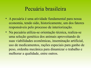 Pecuária brasileira 
• A pecuária é uma atividade fundamental para nossa 
economia, tendo sido, historicamente, um dos fatores 
responsáveis pelo processo de interiorização. 
• Na pecuária utiliza-se orientação técnica, realiza-se 
uma seleção genética dos animais aproveitando de 
suas viabilidades econômicas, inseminação artificial, 
uso de medicamentos, rações especiais para ganho de 
peso, ordenha mecânica para dinamizar o trabalho e 
melhorar a qualidade, entre outros. 
 