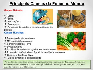 Principais Causas da Fome no Mundo 
Causas Naturais 
 Clima; 
 Seca; 
 Inundações; 
 Terremotos; 
 As pragas de insetos e as enfermidades das 
plantas. 
Causas Humanas 
 Presença de Monoculturas 
 Má distribuição de renda 
 Concentração da Terra 
 Dívida Externa 
 Conflitos Armados com gastos em armamentos. 
 Expansão do Capitalismo Rural : boias-frias e sem-terra. 
 Guerras e Conflitos Civis. 
1/3 dos alimentos é desperdiçado 
As As mudanças mudanças climáticas, climáticas, uma uma população população crescente crescente e e suprimentos suprimentos de de água água cada cada vez vez mais 
mais 
escassos escassos causam causam uma uma crescente crescente escassez escassez global global de de alimentos alimentos que que fez fez com com que que o o preço preço da 
da 
comida comida dobrasse dobrasse nos nos últimos últimos anos. 
anos. 
 