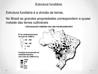 Estrutura fundiária 
Estrutura fundiária é a divisão de terras. 
No Brasil as grandes propriedades correspondem a quase 
metade das terras cultiváveis 
 
