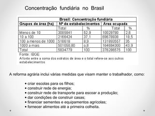 Concentração fundiária no Brasil 
A reforma agrária inclui várias medidas que visam manter o trabalhador, como: 
· criar escolas para os filhos; 
· construir rede de energia; 
· construir rede de transporte para escoar a produção; 
· dar condições de construir casas; 
· financiar sementes e equipamentos agrícolas; 
· fornecer alimentos até a primeira colheita. 
 