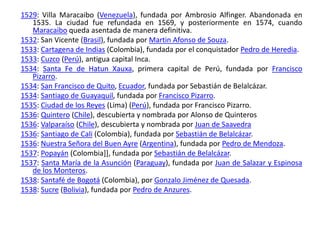 1529: Villa Maracaibo (Venezuela), fundada por Ambrosio Alfinger. Abandonada en 1535. La ciudad fue refundada en 1569, y posteriormente en 1574, cuando Maracaibo queda asentada de manera definitiva.1532: San Vicente (Brasil), fundada por Martin Afonso de Souza.1533: Cartagena de Indias (Colombia), fundada por el conquistador Pedro de Heredia.1533: Cuzco (Perú), antigua capital Inca.1534: Santa Fe de Hatun Xauxa, primera capital de Perú, fundada por Francisco Pizarro.1534: San Francisco de Quito, Ecuador, fundada por Sebastián de Belalcázar.1534: Santiago de Guayaquil, fundada por Francisco Pizarro.1535: Ciudad de los Reyes (Lima) (Perú), fundada por Francisco Pizarro.1536: Quintero (Chile), descubierta y nombrada por Alonso de Quinteros1536: Valparaíso (Chile), descubierta y nombrada por Juan de Saavedra1536: Santiago de Cali (Colombia), fundada por Sebastián de Belalcázar.1536: Nuestra Señora del Buen Ayre (Argentina), fundada por Pedro de Mendoza.1537: Popayán (Colombia]], fundada por Sebastián de Belalcázar.1537: Santa María de la Asunción (Paraguay), fundada por Juan de Salazar y Espinosa de los Monteros.1538: Santafé de Bogotá (Colombia), por Gonzalo Jiménez de Quesada.1538: Sucre (Bolivia), fundada por Pedro de Anzures.