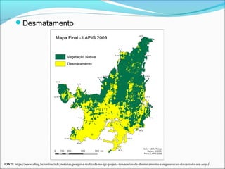 Desmatamento
FONTE https://www.ufmg.br/online/ndc/noticias/pesquisa-realizada-no-igc-projeta-tendencias-de-desmatamento-e-regeneracao-do-cerrado-ate-2050/
 