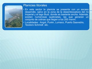 Planicies litorales
• En este sector la planicie se presenta con un escaso
desarrollo, salvo en la zona de la desembocadura del río
Imperial y el lago Budi, donde es bastante ancha. Además,
existen numerosas quebradas, las que generan un
conjunto de colinas que llegan a los 200 msnm.
• Localidades : Angol, Purén, Lumaco, Puerto Saavedra,
Teodoro Schmidt etc.

 