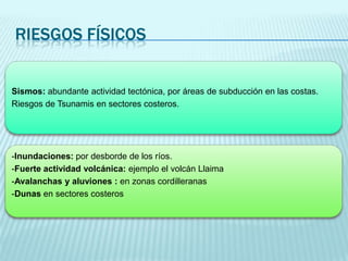 RIESGOS FÍSICOS

Sismos: abundante actividad tectónica, por áreas de subducción en las costas.
Riesgos de Tsunamis en sectores costeros.

-Inundaciones: por desborde de los ríos.
-Fuerte actividad volcánica: ejemplo el volcán Llaima
-Avalanchas y aluviones : en zonas cordilleranas
-Dunas en sectores costeros

 