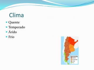 Clima
 Quente
 Temperado
 Árido
 Frio
 