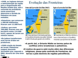 •1948, os ingleses deixam
a administração da região
para a Organização das
Nações Unidas que, sob o
comando do presidente
norte-americano
determina a divisão da
Palestina em duas
metades.

Evolução das Fronteiras

•Palestinos, que somavam
1.300.00 habitantes,
ficaram com 11.500 km2
•Judeus, que eram
700.000, ficaram com um
território maior (14.500
km2), apesar de serem em
número menor.
•Os judeus transformam
suas terras áridas em
produtivas.

1. O plano de partilha da ONU (1947)

•A partir Geral da Organização das Naçõesse tornou aprova plano para
Assembléia daí, o Oriente Médio Unidas (ONU) palco de
partilha da Palestina, ou seja, a criação de Israele de um Estado palestino
conflitos entre israelenses e palestinos.

•1948 criação do Estado
de Israel. Palestinos
2. 1949, depois da fundação
•O motivo da guerra está muito além das diferenças
reagem atacando
Israel vence guerra com
Jerusalém que, segundo a
religiosas, passapaíses árabes que não aceitaram a criação do país e
pelo controle de fronteiras, de
expande fronteiras. Divisão de Jerusalém entre Israel e Jordânia
ONU, deveria ser uma área
terras e pelo domínio de regiões petrolíferas.
livre.

 