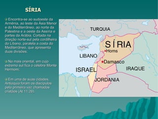 SÍRIA  Encontra-se ao sudoeste da Armênia, ao leste da Ásia Menor e do Mediterrâneo, ao norte da Palestina e a oeste da Assíria e partes da Arábia. Cortada na direção norte-sul pela cordilheira do Líbano, paralela a costa do Mediterrâneo, que apresenta duas divisões;  Na mais oriental, em cujo extremo sul fica o célebre Monte Hermom; Em uma de suas cidades, Antioquia foram os discípulos pela primeira vez chamados cristãos (At 11.26). 