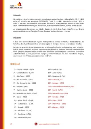 www.acasadoconcurseiro.com.br24
Pecuária
Na região se cria principalmente gado, os maiores rebanhos bovinos estão na Bahia (10.229.459
cabeças), seguido por Maranhão (5.592.007), Ceará (2.105.441), Pernambuco (1.861.570) e
Piauí (1.560.552). No sertão os produtores têm muitas vezes prejuízos devido as constantes
secas. Também existem criações de caprinos, que são mais resistentes, suínos, ovinos e aves.
As feiras de gado são comuns nas cidades do agreste nordestino, foram estas feiras que deram
origem a cidades como Campina Grande, Feira de Santana, Caruaru e outras.
Indústria
É mais forte e diversificada em regiões metropolitanas como a do Recife, a de Salvador e a de
Fortaleza. Excetuando as capitais, tem-se a região de Campina Grande no estado da Paraíba.
Destaca-se a produção de aços especiais, produtos eletrônicos, equipamentos para irrigação,
barcos, chips, softwares, baterias e produtos petroquímicos, além de produtos de marca com
valor agregado, calçados de couro e de lona, tecidos de todos os tipos e sal marinho e indústria
automobilística. O pólo gesseiro de Araripina, em Pernambuco, é o mais importante do país,
responsável por 95% do gesso consumido no Brasil.
IDH Brasil
1º – Distrito Federal – 0,874
2º – Santa Catarina – 0,840
3º – São Paulo – 0,833
4º – Rio de Janeiro – 0,832
5º – Rio Grande do Sul – 0,832
6º – Paraná – 0,820
7º – Espírito Santo – 0,802
8º – Mato Grosso do Sul – 0,802
9º – Goiás – 0,800
10º – Minas Gerais – 0,800
11º – Mato Grosso – 0,796
12º – Amapá – 0,780
13º – Amazonas – 0,780
14º – Rondônia – 0,756
15º – Tocantins – 0,756
16º – Pará – 0,755
17º – Acre – 0,751
18º – Roraima – 0,750
19º – Bahia – 0,742
20º – Sergipe – 0,742
21º – Rio Grande do Norte – 0,738
22º – Ceará – 0,723
23º – Pernambuco – 0,718
24º – Paraíba – 0,718
25º – Piauí – 0,703
26º – Maranhão – 0,683
27º – Alagoas – 0,677
 