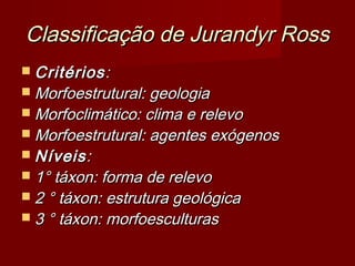 Classificação de Jurandyr Ross
 Critérios :

 Morfoestrutural: geologia

 Morfoclimático: clima e relevo

 Morfoestrutural: agentes exógenos
 Níveis :

 1° táxon: forma de relevo

 2 ° táxon: estrutura geológica
 3 ° táxon: morfoesculturas

 