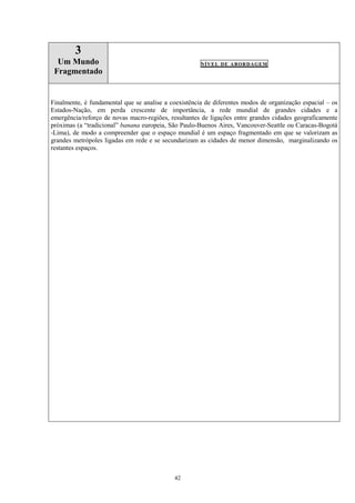 42
3
Um Mundo
Fragmentado
NÍVEL DE ABORDAGEM
Finalmente, é fundamental que se analise a coexistência de diferentes modos de organização espacial – os
Estados-Nação, em perda crescente de importância, a rede mundial de grandes cidades e a
emergência/reforço de novas macro-regiões, resultantes de ligações entre grandes cidades geograficamente
próximas (a “tradicional” banana europeia, São Paulo-Buenos Aires, Vancouver-Seattle ou Caracas-Bogotá
-Lima), de modo a compreender que o espaço mundial é um espaço fragmentado em que se valorizam as
grandes metrópoles ligadas em rede e se secundarizam as cidades de menor dimensão, marginalizando os
restantes espaços.
 