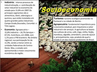 Socioeconomia Indústria :  Intenso processo de industrialização, a  contribuição do setor industrial na economia do estado para 15,8% em 2007.Os principais segmentos são o alimentício, têxtil, siderúrgico e químico, que estão instalados em quatro grandes polos industriais: Campo Grade,Dourados, Corumbá  e Três Lagoas. Economia:   Agropecuária – 15,8%.Indústria – 16,7%.Serviços – 67,5%. Contribuiu, em 2008, com 1,1% para o PIB brasileiro. No âmbito regional, sua participação foi de 11,9%, sendo a menor entre as unidades federativas do Centro-Oeste. Mas, o estado vem apresentando o maior crescimento econômico da região. Turismo :   turismo ecológico promovido no Pantanal e na cidade de Bonito . Agropecuária:   fundamental importância para a economia estadual, pois impulsiona o setor industrial e de serviços. A agricultura se baseia nos cultivos de arroz, café, trigo, milho, feijão, mandioca, algodão, amendoim, cana-de-açúcar e, principalmente, soja, produto do qual o estado é um dos maiores produtores do Brasil. 