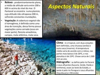 Aspectos Naturais Relevo   : predominantemente plano, a média de altitude varia entre 200 a 600 m acima do nível do mar. O Pantanal se encontra  numa planície, cuja altitude não ultrapassa 200 m, sofrendo constantes inundações. Vegetação : A cobertura vegetal não é homogênea, é definida como uma área de transição, dessa forma possui vegetações como cerrado (esse em maior parte), floresta amazônica, campos, mata atlântica, mata seca.  Clima  :  é o tropical, com duas estações bem definidas, uma chuvosa (verão) e outra seca (inverno). A temperatura média varia de acordo com o relevo, nas partes mais baixas é de 26ºC, e nos planaltos é de 23ºC. Chove cerca de 1.500 mm ao ano.  Hidrografia  :  se define pelo rio Paraná e seus afluentes (Sucuriú, Verde, Pardo e Ivinhema), esses ao leste do Estado, o oeste é pelo rio Paraguai e seus afluentes (Aquidauana e Miranda).  