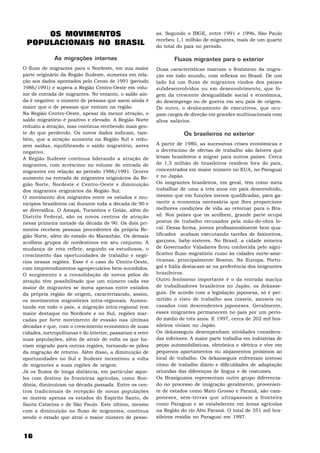 16
OS MOVIMENTOS
POPULACIONAIS NO BRASIL
As migrações internas
O fluxo de migrantes para o Nordeste, em sua maior
parte originário da Região Sudeste, aumenta em rela-
ção aos dados apontados pelo Censo de 1991 (período
1986/1991) e supera a Região Centro-Oeste em volu-
me de entrada de migrantes. No entanto, o saldo ain-
da é negativo: o número de pessoas que saem ainda é
maior que o de pessoas que entram na região.
Na Região Centro-Oeste, apesar da menor atração, o
saldo migratório é positivo e elevado. A Região Norte
reduziu a atração, mas continua recebendo mais gen-
te do que perdendo. Os novos dados indicam, tam-
bém, que a atração aumenta na Região Sul e redu-
zem saídas, equilibrando o saldo migratório, antes
negativo.
A Região Sudeste continua liderando a atração de
migrantes, com acréscimo no volume de entrada de
migrantes em relação ao período 1986/1991. Ocorre
aumento na entrada de migrantes originários da Re-
gião Norte, Nordeste e Centro-Oeste e diminuição
dos migrantes originários da Região Sul.
O movimento dos migrantes entre os estados e mu-
nicípios brasileiros cai durante toda a década de 90 e
se diversifica. O Amapá, Tocantins e Goiás, além do
Distrito Federal, são os novos centros de atração
nessa primeira metade da década de 90. Os dois pri-
meiros recebem pessoas procedentes da própria Re-
gião Norte, além do estado do Maranhão. Os demais
acolhem grupos de nordestinos em seu conjunto. A
mudança de rota reflete, segundo os estudiosos, o
crescimento das oportunidades de trabalho e negó-
cios nessas regiões. Esse é o caso do Centro-Oeste,
com empreendimentos agropecuários bem-sucedidos.
O surgimento e a consolidação de novos pólos de
atração têm possibilitado que um número cada vez
maior de migrantes se mova apenas entre estados
da própria região de origem, caracterizando, assim,
os movimentos migratórios intra-regionais. Aumen-
tando em todo o país, a migração intra-regional tem
maior destaque no Nordeste e no Sul, regiões mar-
cadas por forte movimento de evasão nas últimas
décadas e que, com o crescimento econômico de suas
cidades, metropolitanas e do interior, passaram a reter
suas populações, além de atrair de volta os que ha-
viam migrado para outras regiões, tornando-se pólos
da migração de retorno. Além disso, a diminuição de
oportunidades no Sul e Sudeste incentivou a volta
de migrantes a suas regiões de origem.
Já os fluxos de longa distância, em particular aque-
les com destino às fronteiras agrícolas, como Ron-
dônia, diminuíram na década passada. Entre os cen-
tros tradicionais de recepção de novas populações
se matem apenas os estados do Espírito Santo, de
Santa Catarina e de São Paulo. Este último, mesmo
com a diminuição no fluxo de migrantes, continua
sendo o estado que atrai o maior número de pesso-
as. Segundo o IBGE, entre 1991 e 1996, São Paulo
recebeu 1,1 milhão de migrantes, mais de um quarto
do total do país no período.
Fluxos migrantes para o exterior
Duas características marcam o fenômeno da migra-
ção em todo mundo, com reflexos no Brasil. De um
lado há um fluxo de migrantes vindos dos países
subdesenvolvidos ou em desenvolvimento, que fo-
gem da crescente desigualdade social e econômica,
do desemprego ou de guerra em seu país de origem.
De outro, o deslocamento de executivos, que ocu-
pam cargos de direção em grandes multinacionais com
altos salários.
Os brasileiros no exterior
A partir de 1980, as sucessivas crises econômicas e
o decréscimo de ofertas de trabalho são fatores que
levam brasileiros a migrar para outros países. Cerca
de 1,5 milhão de brasileiros residem fora do país,
concentrados em maior número no EUA, no Paraguai
e no Japão.
Os imigrantes brasileiros, em geral, têm como meta
trabalhar de uma a três anos em país desenvolvido,
mesmo que em funções menos qualificadas, para ga-
rantir a economia necessária que lhes proporcione
melhores condições de vida ao retornar para o Bra-
sil. Nos países que os acolhem, grande parte ocupa
postos de trabalho recusados pela mão-de-obra lo-
cal. Dessa forma, jovens profissionalmente bem qua-
lificados acabam executando tarefas de faxineiros,
garçons, baby-sisteres. No Brasil, a cidade mineira
de Governador Valadares ficou conhecida pelo signi-
ficativo fluxo migratório rumo às cidades norte-ame-
ricanas, principalmente Boston. Na Europa, Portu-
gal e Itália destacam-se na preferência dos imigrantes
brasileiros.
Outro fenômeno importante é o da entrada maciça
de trabalhadores brasileiros no Japão, os dekasse-
guis. De acordo com a legislação japonesa, só é per-
mitido o visto de trabalho aos nisseis, sanseis ou
casados com descendentes japoneses. Geralmente,
esses imigrantes permanecem no país por um perío-
do médio de três anos. E 1997, cerca de 202 mil bra-
sileiros viviam no Japão.
Os dekasseguis desempenham atividades considera-
das inferiores. A maior parte trabalha em indústrias de
peças automobilísticas, eletrônica e elétrica e vive em
pequenos apartamentos ou alojamentos próximos ao
local de trabalho. Os dekasseguis enfrentam intenso
ritmo de trabalho diário e dificuldades de adaptação
oriundas das diferenças de língua e de costumes.
Os Brasiguaios representam outro grupo diferencia-
do no processo de imigração geralmente, provenien-
te de estados como Mato Grosso e Paraná, são cam-
poneses, sem-terras que ultrapassam a fronteira
como Paraguai e se estabelecem em áreas agrícolas
na Região do rio Alto Paraná. O total de 351 mil bra-
sileiros residia no Paraguai em 1997.
 
