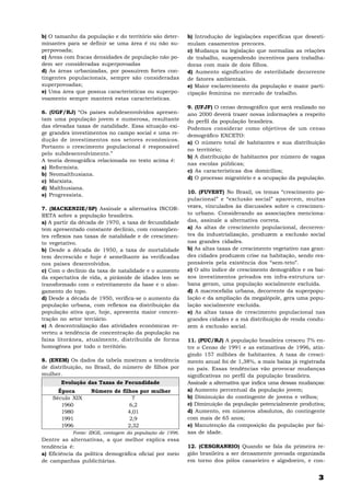 b) O tamanho da população e do território são deter-      b) Introdução de legislações específicas que desesti-
minantes para se definir se uma área é ou não su-         mulam casamentos precoces.
perpovoada;                                               c) Mudança na legislação que normaliza as relações
c) Áreas com fracas densidades de população não po-       de trabalho, suspendendo incentivos para trabalha-
dem ser consideradas superpovoadas                        doras com mais de dois filhos.
d) As áreas urbanizadas, por possuírem fortes con-        d) Aumento significativo de esterilidade decorrente
tingentes populacionais, sempre são consideradas          de fatores ambientais.
superpovoadas;                                            e) Maior esclarecimento da população e maior parti-
e) Uma área que possua características ou superpo-        cipação feminina no mercado de trabalho.
voamento sempre manterá estas características.
                                                          9. (UFJF) O censo demográfico que será realizado no
6. (UGF/RJ) “Os países subdesenvolvidos apresen-          ano 2000 deverá trazer novas informações a respeito
tam uma população jovem e numerosa, resultante            do perfil da população brasileira.
das elevadas taxas de natalidade. Essa situação exi-      Podemos considerar como objetivos de um censo
ge grandes investimentos no campo social e uma re-        demográfico EXCETO:
dução de investimentos nos setores econômicos.
                                                          a) O número total de habitantes e sua distribuição
Portanto o crescimento populacional é responsável
                                                          no território;
pelo subdesenvolvimento.”
                                                          b) A distribuição de habitantes por número de vagas
A teoria demográfica relacionada no texto acima é:
                                                          nas escolas públicas;
a) Reformista.
                                                          c) As características dos domicílios;
b) Neomalthusiana.
                                                          d) O processo migratório e a ocupação da população.
c) Marxista.
d) Malthusiana.
                                                          10. (FUVEST) No Brasil, os temas “crescimento po-
e) Progressista.
                                                          pulacional” e “exclusão social” aparecem, muitas
7. (MACKENZIE/SP) Assinale a alternativa INCOR-           vezes, vinculados às discussões sobre o crescimen-
RETA sobre a população brasileira.                        to urbano. Considerando as associações menciona-
a) A partir da década de 1970, a taxa de fecundidade      das, assinale a alternativa correta.
tem apresentado constante declínio, com conseqüen-        a) As altas de crescimento populacional, decorren-
tes reflexos nas taxas de natalidade e de crescimen-      tes da industrialização, produzem a exclusão social
to vegetativo.                                            nas grandes cidades.
b) Desde a década de 1950, a taxa de mortalidade          b) As altas taxas de crescimento vegetativo nas gran-
tem decrescido e hoje é semelhante às verificadas         des cidades produzem crise na habitação, sendo res-
nos países desenvolvidos.                                 ponsáveis pela existência dos “sem-teto”.
c) Com o declínio da taxa de natalidade e o aumento       c) O alto índice de crescimento demográfico e os bai-
da expectativa de vida, a pirâmide de idades tem se       xos investimentos privados em infra-estrutura ur-
transformado com o estreitamento da base e o alon-        bana geram, uma população socialmente excluída.
gamento do topo.                                          d) A macrocefalia urbana, decorrente da superpopu-
d) Desde a década de 1950, verifica-se o aumento da       lação e da ampliação da megalópole, gera uma popu-
população urbana, com reflexos na distribuição da         lação socialmente excluída.
população ativa que, hoje, apresenta maior concen-        e) As altas taxas de crescimento populacional nas
tração no setor terciário.                                grandes cidades e a má distribuição de renda condu-
e) A descentralização das atividades econômicas re-       zem à exclusão social.
verteu a tendência de concentração da população na
faixa litorânea, atualmente, distribuída de forma         11. (PUC/RJ) A população brasileira cresceu 7% en-
homogênea por todo o território.                          tre o Censo de 1991 e as estimativas de 1996, atin-
                                                          gindo 157 milhões de habitantes. A taxa de cresci-
8. (ENEM) Os dados da tabela mostram a tendência          mento anual foi de 1,38%, a mais baixa já registrada
de distribuição, no Brasil, do número de filhos por       no país. Essas tendências vão provocar mudanças
mulher.                                                   significativas no perfil da população brasileira.
       Evolução das Taxas de Fecundidade                  Assinale a alternativa que indica uma dessas mudanças:
      Época        Número de filhos por mulher            a) Aumento percentual da população jovem;
    Século XIX                    7                       b) Diminuição do contingente de jovens e velhos;
       1960                     6,2                       c) Diminuição da população potencialmente produtiva;
       1980                     4,01                      d) Aumento, em números absolutos, do contingente
       1991                     2,9                       com mais de 65 anos;
       1996                     2,32                      e) Manutenção da composição da população por fai-
            Fonte: IBGE, contagem da população de 1996.   xas de idade.
Dentre as alternativas, a que melhor explica essa
tendência é:                                              12. (CESGRANRIO) Quando se fala da primeira re-
a) Eficiência da política demográfica oficial por meio    gião brasileira a ser densamente povoada organizada
de campanhas publicitárias.                               em torno dos pólos canavieiro e algodoeiro, e con-


                                                                                                             3
 