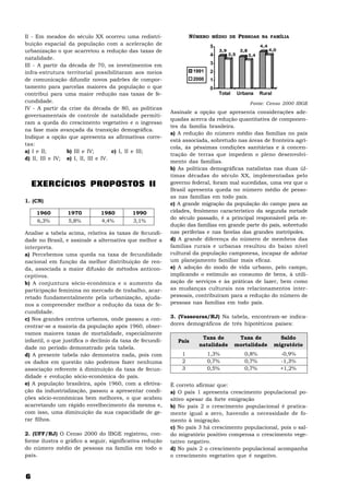 II - Em meados do século XX ocorreu uma redistri-                  NÚMERO MÉDIO DE PESSOAS NA FAMÍLIA
buição espacial da população com a aceleração de                            5                            4,4
urbanização o que acarretou a redução das taxas de                              3,9          3,8               4,0
                                                                            4         3,5          3,4
natalidade.
III - A partir da década de 70, os investimentos em                         3
infra-estrutura territorial possibilitaram aos meios                 1991   2
de comunicação difundir novos padrões de compor-                     2000   1
tamento para parcelas maiores da população o que                            0
contribui para uma maior redução nas taxas de fe-                               Total       Urbana       Rural
cundidade.                                                                                         Fonte: Censo 2000 IBGE
IV - A partir da crise da década de 80, as políticas
                                                           Assinale a opção que apresenta considerações ade-
governamentais de controle de natalidade permiti-
                                                           quadas acerca da redução quantitativa de componen-
ram a queda do crescimento vegetativo e o ingresso
                                                           tes da família brasileira.
na fase mais avançada da transição demográfica.
                                                           a) A redução do número médio das famílias no país
Indique a opção que apresenta as afirmativas corre-
                                                           está associada, sobretudo nas áreas de fronteira agrí-
tas:
                                                           cola, às péssimas condições sanitárias e à concen-
a) I e II;       b) III e IV;        c) I, II e III;
                                                           tração de terras que impedem o pleno desenvolvi-
d) II, III e IV; e) I, II, III e IV.
                                                           mento das famílias.
                                                           b) As políticas demográficas natalistas nas duas úl-
                                                           timas décadas do século XX, implementadas pelo
    EXERCÍCIOS PROPOSTOS II                                governo federal, foram mal sucedidas, uma vez que o
                                                           Brasil apresenta queda no número médio de pesso-
                                                           as nas famílias em todo país.
1. (CN)
                                                           c) A grande migração da população do campo para as
    1960         1970          1980        1990            cidades, fenômeno característico da segunda metade
                                                           do século passado, é a principal responsável pela re-
    6,3%         5,8%          4,4%        3,1%
                                                           dução das famílias em grande parte do país, sobretudo
Analise a tabela acima, relativa às taxas de fecundi-      nas periferias e nas favelas das grandes metrópoles.
dade no Brasil, e assinale a alternativa que melhor a      d) A grande diferença do número de membros das
interpreta.                                                famílias rurais e urbanas resultou do baixo nível
a) Percebemos uma queda na taxa de fecundidade             cultural da população camponesa, incapaz de adotar
nacional em função da melhor distribuição de ren-          um planejamento familiar mais eficaz.
da, associada a maior difusão de métodos anticon-          e) A adoção do modo de vida urbano, pelo campo,
ceptivos.                                                  implicando o estímulo ao consumo de bens, à utili-
b) A conjuntura sócio-econômica e o aumento da             zação de serviços e às práticas de lazer, bem como
participação feminina no mercado de trabalho, acar-        as mudanças culturais nos relacionamentos inter-
retado fundamentalmente pela urbanização, ajuda-           pessoais, contribuíram para a redução do número de
nos a compreender melhor a redução da taxa de fe-          pessoas nas famílias em todo país.
cundidade.
c) Nos grandes centros urbanos, onde passou a con-         3. (Vassouras/RJ) Na tabela, encontram-se indica-
centrar-se a maioria da população após 1960, obser-        dores demográficos de três hipotéticos países:
vamos maiores taxas de mortalidade, especialmente
                                                                        Taxa de          Taxa de                   Saldo
infantil, o que justifica o declínio da taxa de fecundi-      País
                                                                       natalidade       mortalidade              migratório
dade no período demonstrado pela tabela.
d) A presente tabela não demonstra nada, pois com              1            1,3%              0,8%                   -0,9%
os dados em questão não podemos fazer nenhuma                  2            0,7%              0,7%                   -1,3%
associação referente à diminuição da taxa de fecun-            3            0,5%              0,7%                   +1,2%
didade e evolução sócio-econômica do país.
e) A população brasileira, após 1960, com a efetiva-       É correto afirmar que:
ção da industrialização, passou a apresentar condi-        a) O país 1 apresenta crescimento populacional po-
ções sócio-econômicas bem melhores, o que acabou           sitivo apesar da forte emigração
acarretando um rápido envelhecimento da mesma e,           b) No país 2 o crescimento populacional é pratica-
com isso, uma diminuição da sua capacidade de ge-          mente igual a zero, havendo a necessidade de fo-
rar filhos.                                                mento à imigração.
                                                           c) No país 3 há crescimento populacional, pois o sal-
2. (UFF/RJ) O Censo 2000 do IBGE registrou, con-           do migratório positivo compensa o crescimento vege-
forme ilustra o gráfico a seguir, significativa redução    tativo negativo.
do número médio de pessoas na família em todo o            d) No país 2 o crescimento populacional acompanha
país.                                                      o crescimento vegetativo que é negativo.



6
 