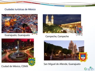 Ciudades turísticas de México
Campeche, Campeche
Guanajuato, Guanajuato
Ciudad de México, CDMX
San Miguel de Allende, Guanajuato
 