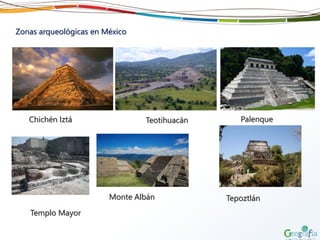 Zonas arqueológicas en México
Chichén Iztá Teotihuacán Palenque
Monte Albán
Templo Mayor
Tepoztlán
 