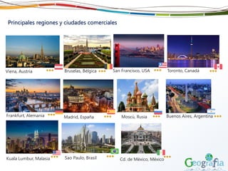 Principales regiones y ciudades comerciales
Viena, Austria Bruselas, Bélgica San Francisco, USA Toronto, Canadá
Frankfurt, Alemania Madrid, España Moscú, Rusia
Kuala Lumbur, Malasia
Buenos Aires, Argentina
Sao Paulo, Brasil Cd. de México, México
 